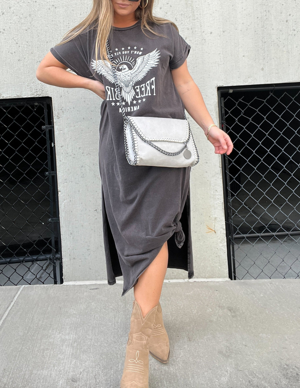 Eagle Graphic Print Short Sleeve Side Split T-Shirt Midi Dress