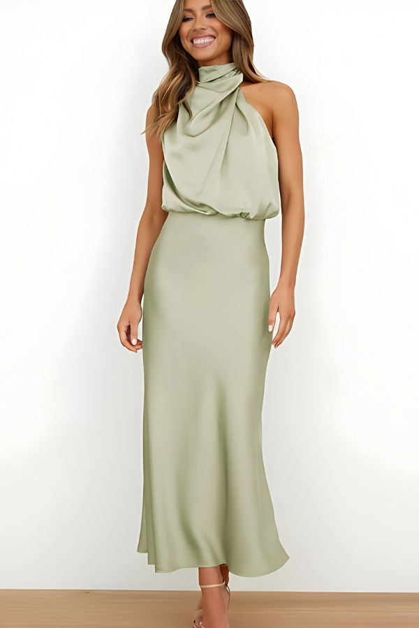 Satin Halter Neck Cowl Drape Sleeveless Column Maxi Gown