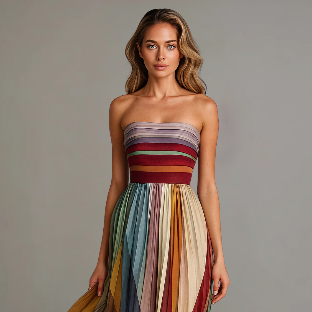 Striped Strapless Pleated Maxi Dress Party 2