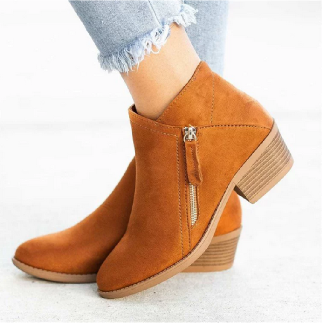 Pointed Toe Side Zip Block Heel Ankle Boots
