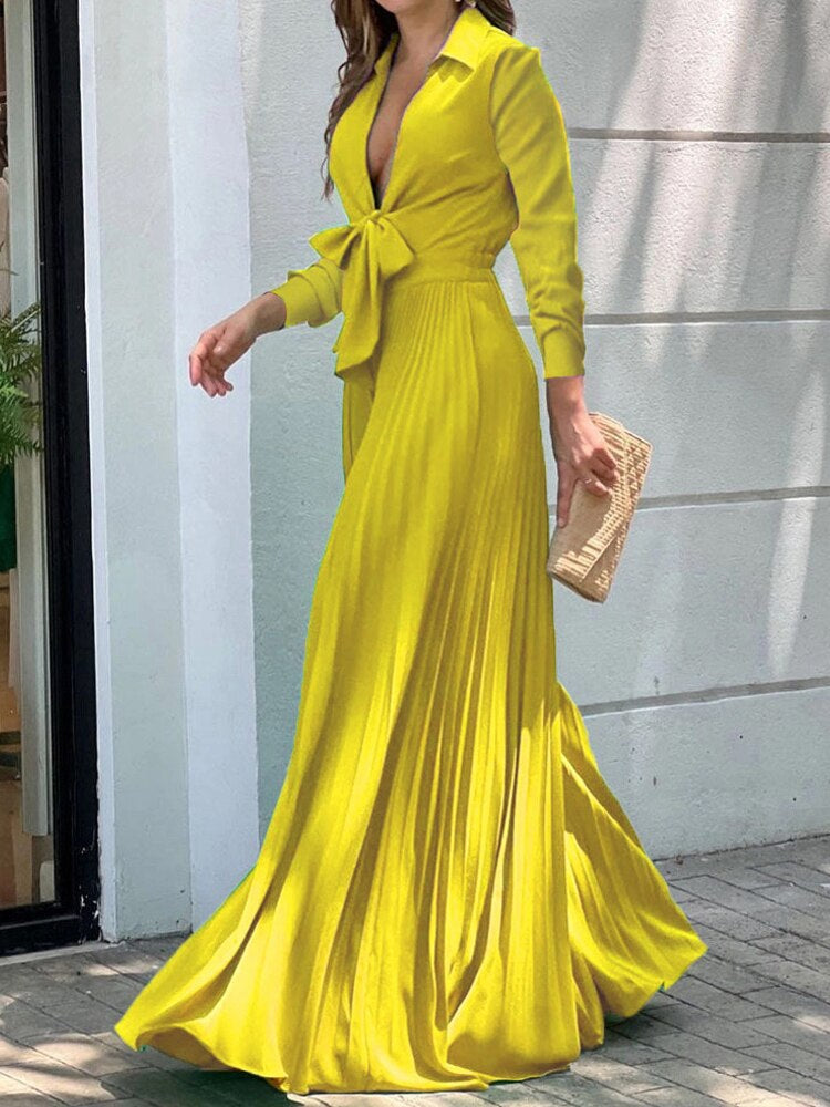 Floral Print Shirt Collar Deep V-Neck Tie Waist Long Sleeve Maxi Dress