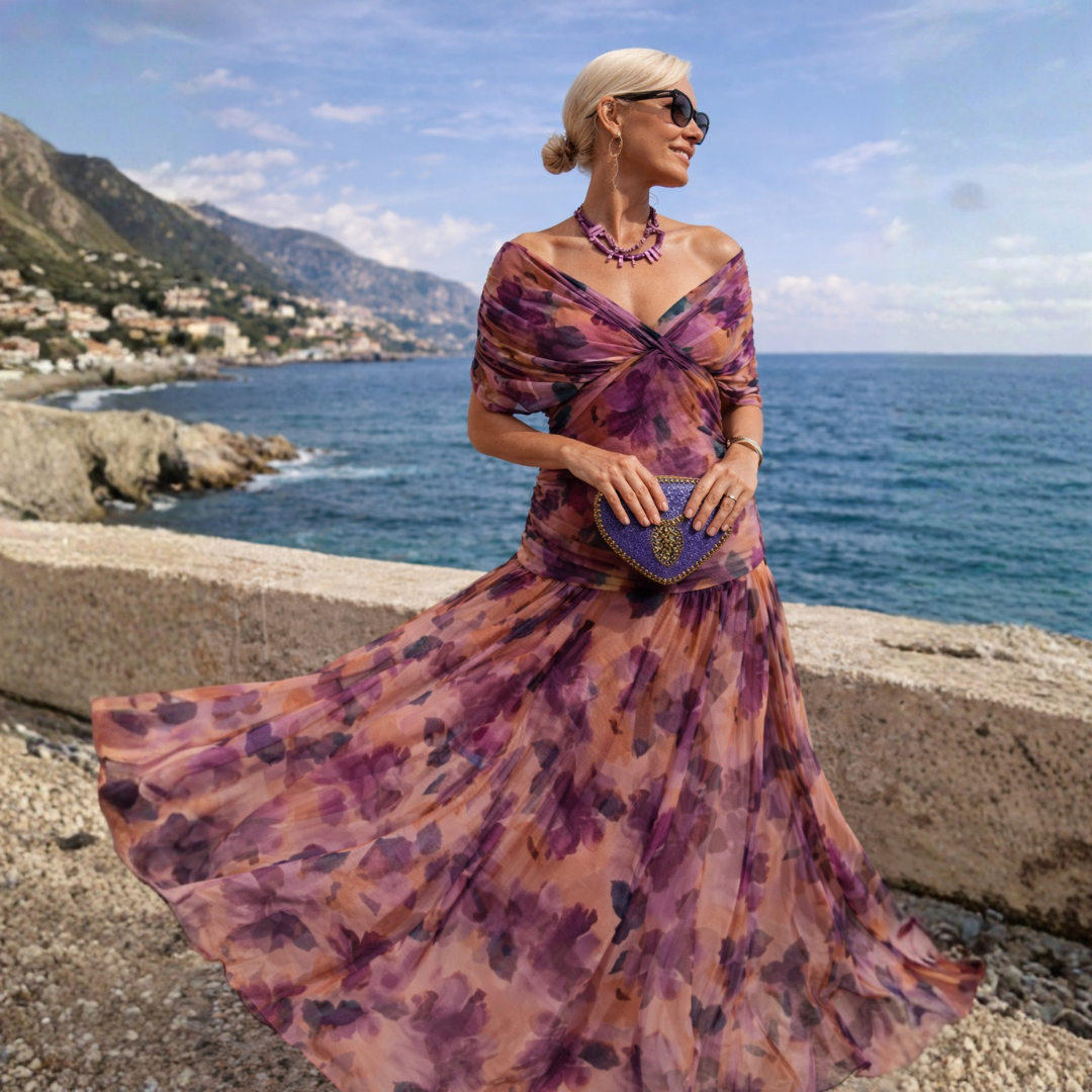 Chiffon V-Neck Ruched Short Sleeve Maxi Dress