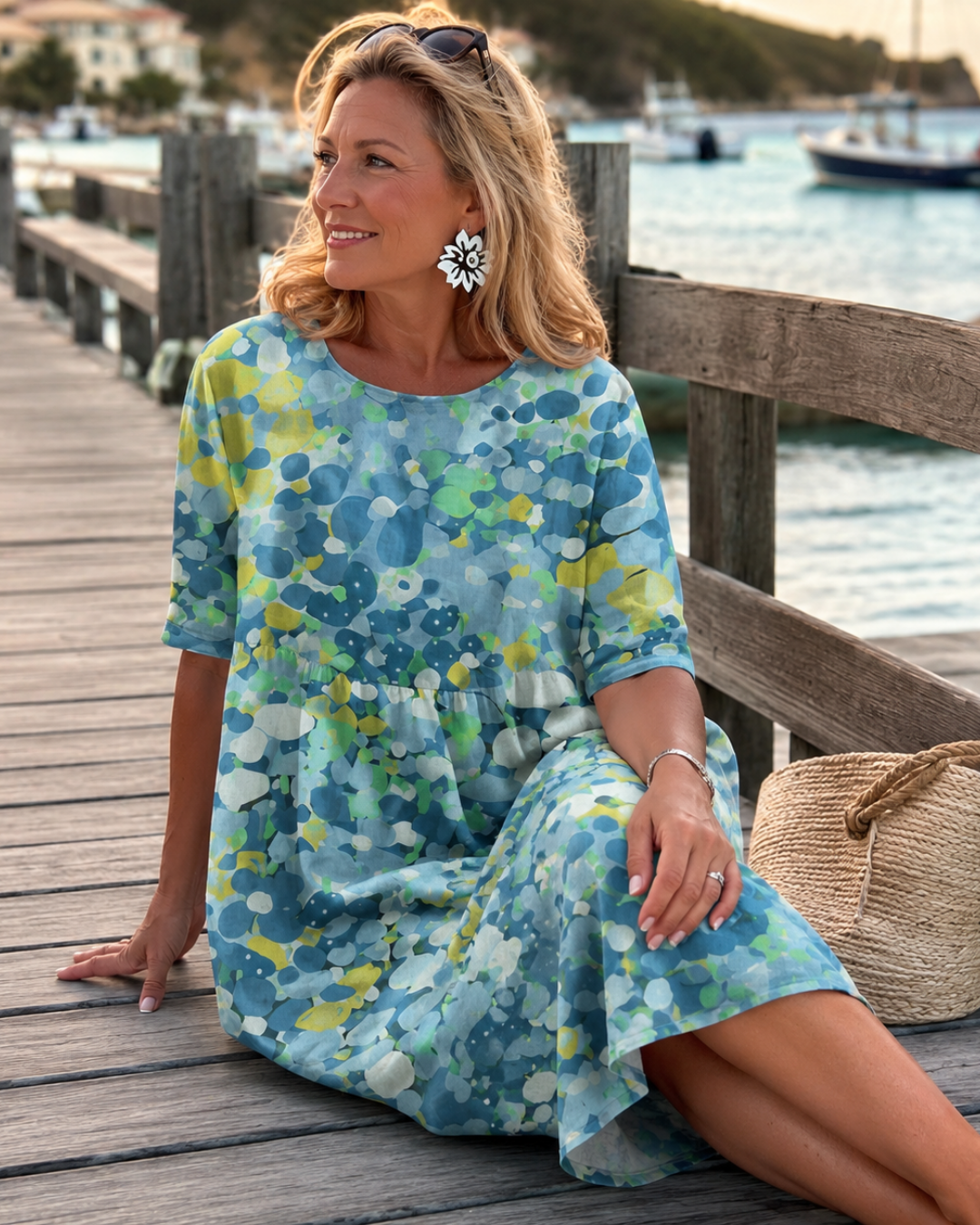 Floral Dot Print Round Neck Short Sleeve Midi Dress