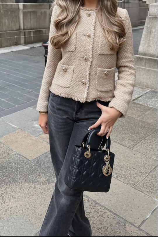 Frayed Trim Gold Button Collarless Tweed Jacket