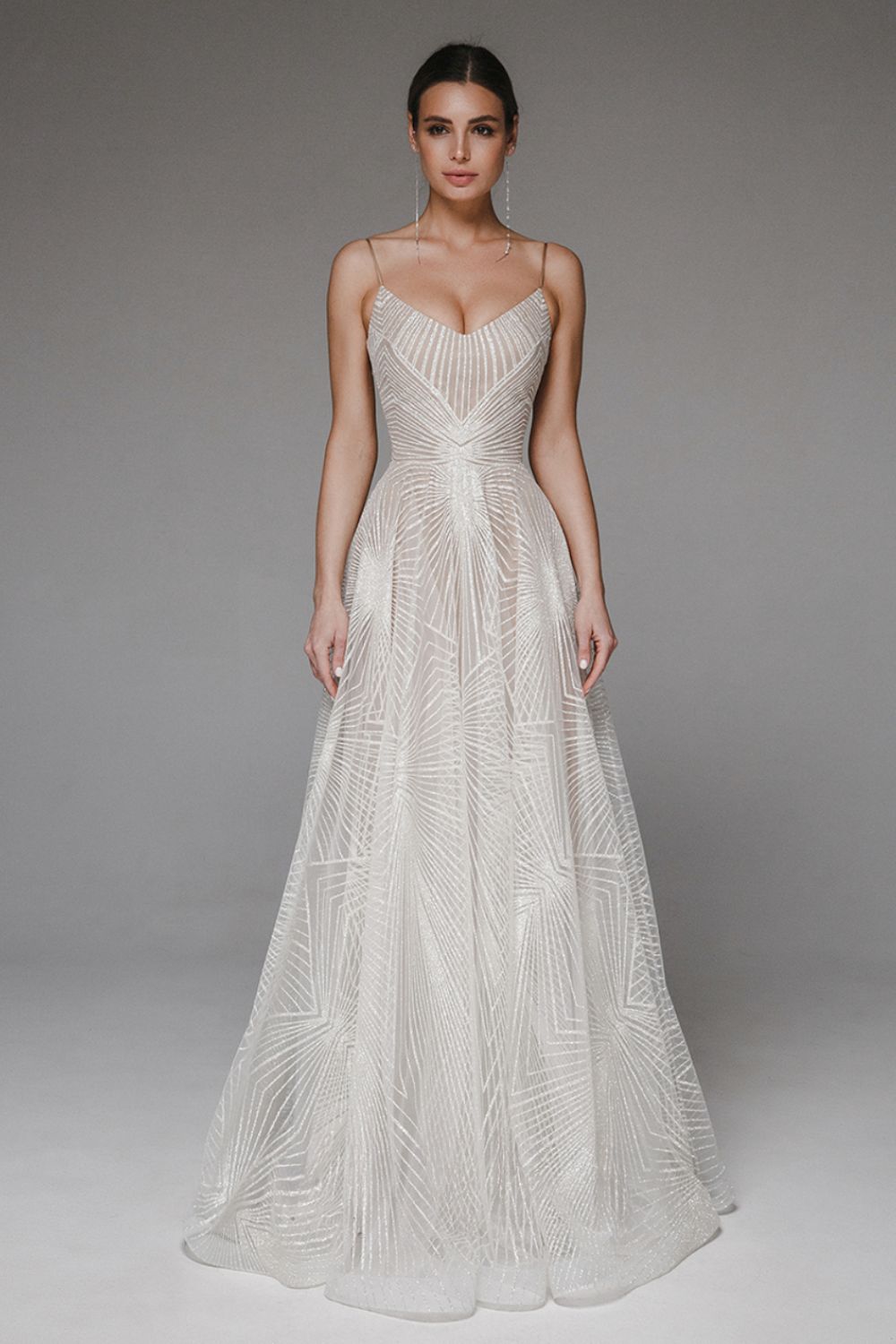 Sparkle Spaghetti Strap V-Neck A-Line Wedding Gown