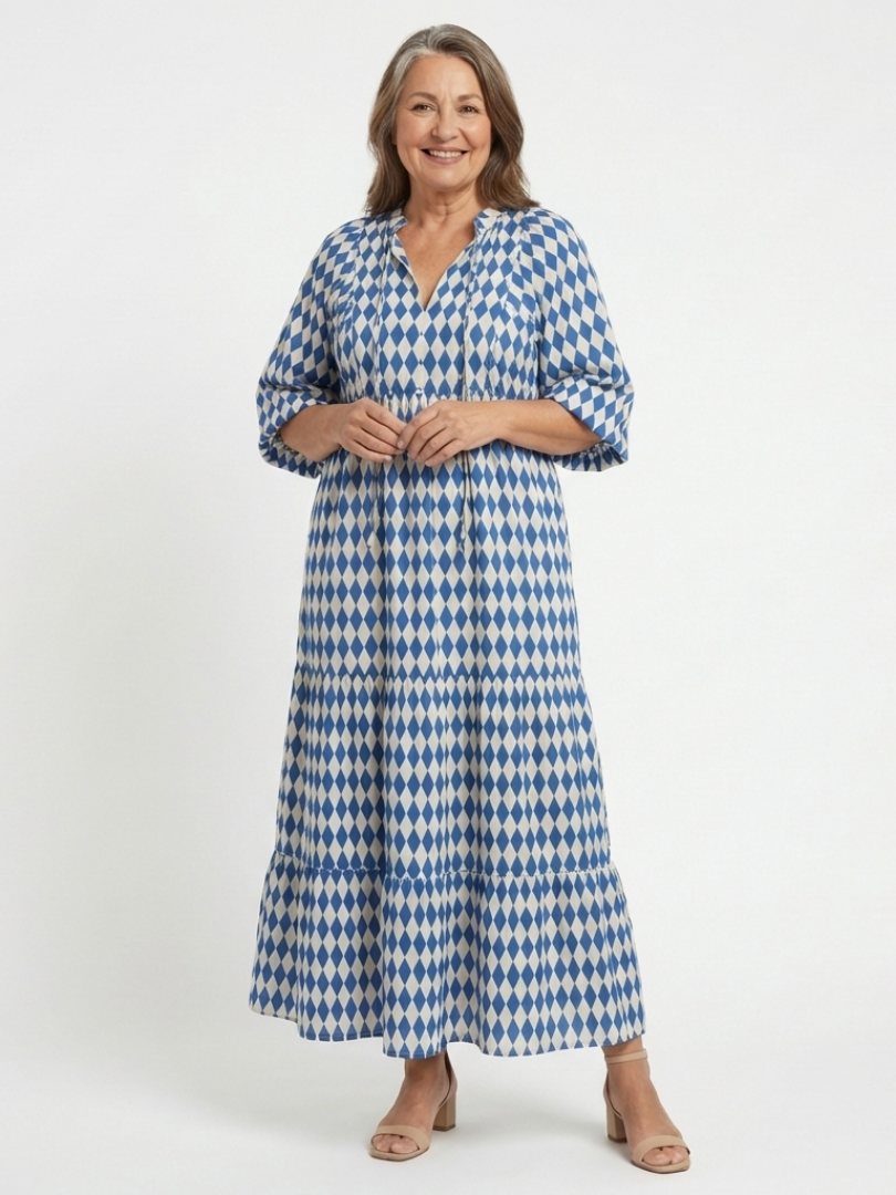 Diamond Print Split Neck Puff Sleeve Tiered Maxi Dress
