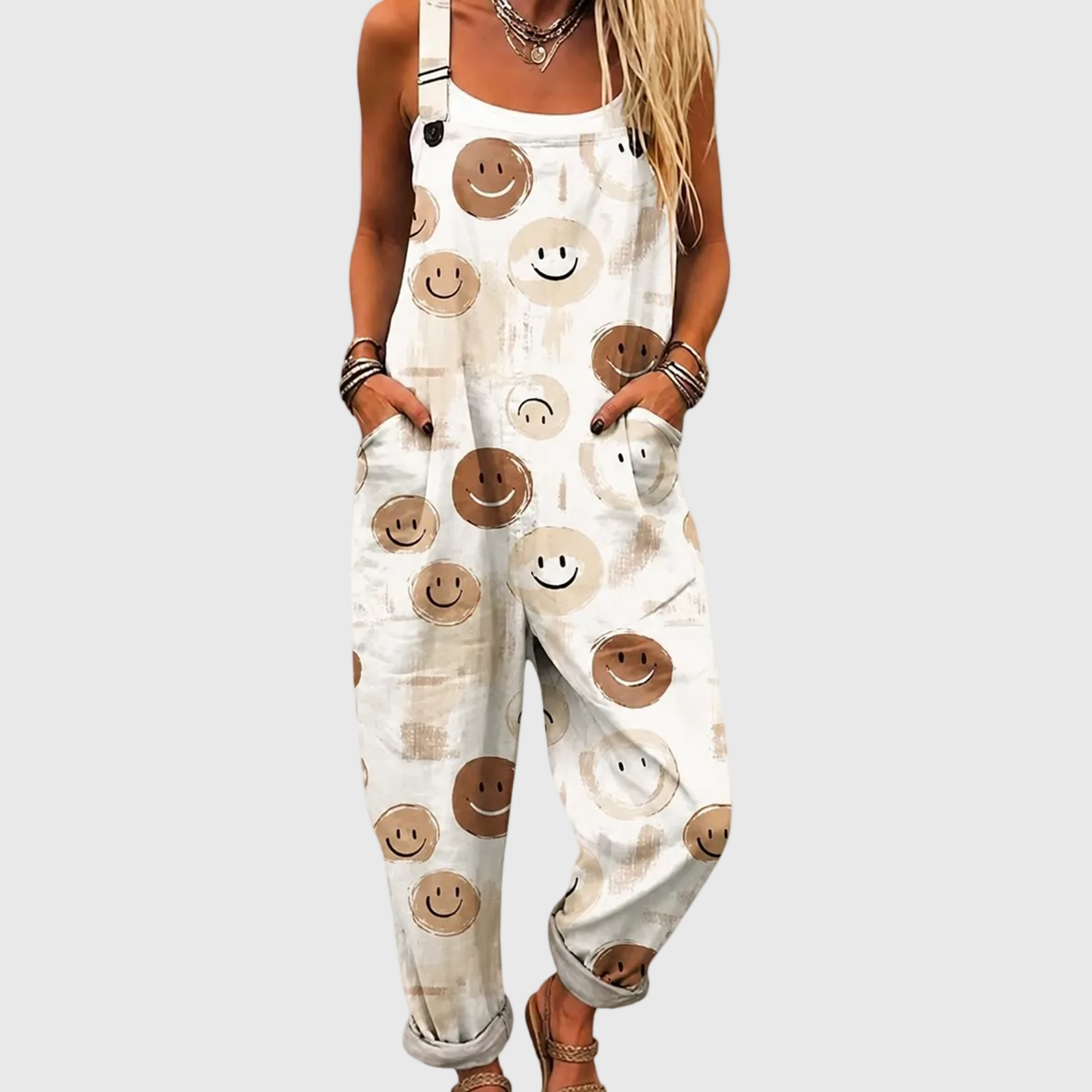 Smiley Face Print Sleeveless Pocket Overall Jumpsuit