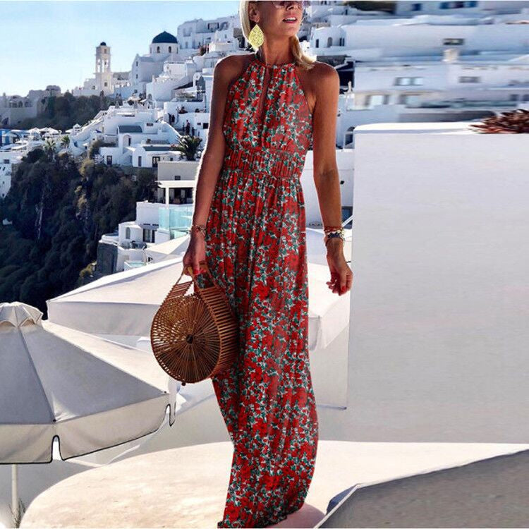 Paisley Print Halter Neck Keyhole Cut Out Smocked Waist Maxi Dress
