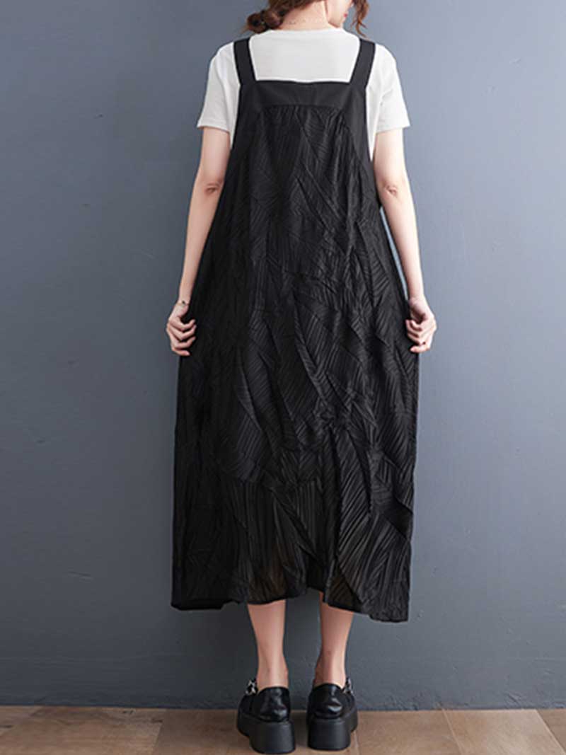 Pleated Cotton Black Color Salopette Dress