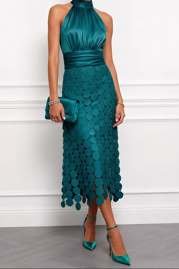 Halter Neck Satin Bodice Laser Cut Disc Midi Dress