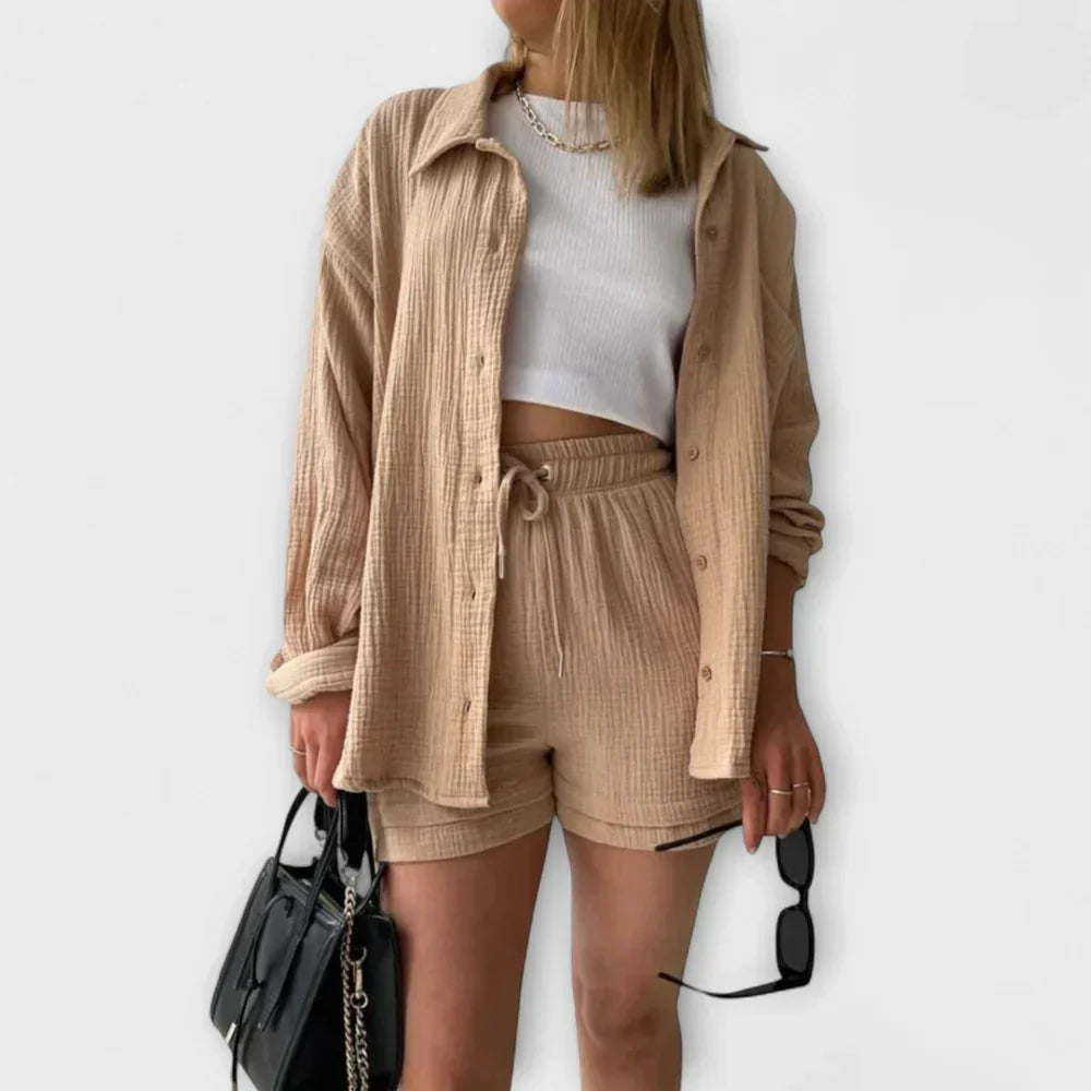 Crinkle Button Up Shirt and Drawstring Shorts Two Piece Set