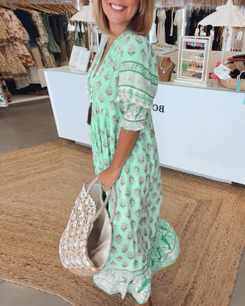 Printed V-Neck Ruffle Short Sleeve Tiered Maxi Dress
