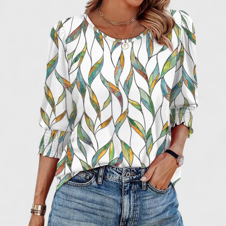 Round Neck Puff Sleeve Smocked Cuff Top