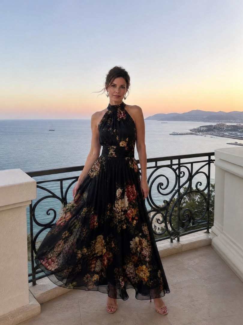 Floral Halter Neck Sleeveless Ruched Waist Maxi Dress