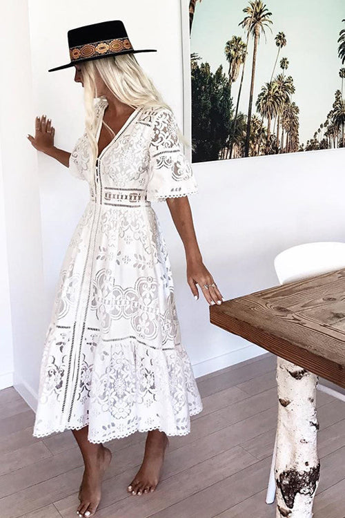 Lace Hollow-out Button Midi Dress - View 3