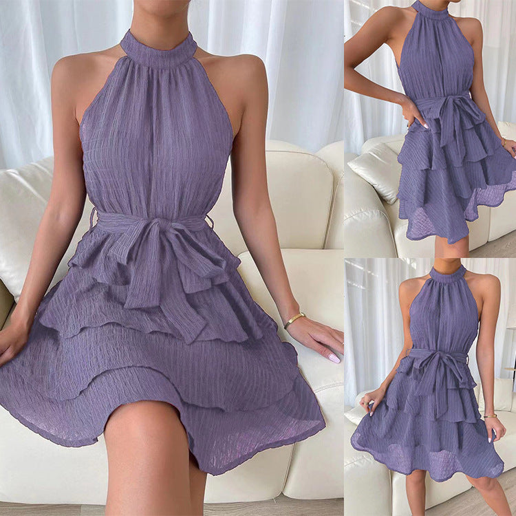 Textured Halter Neck Sleeveless Tie Waist Tiered Ruffle Mini Dress 6