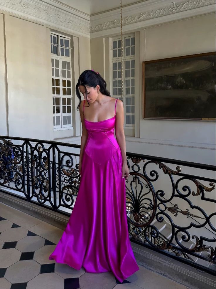 Charming Hot Pink Straps Satin A Line Long Evening Dress Party Dress cc1876