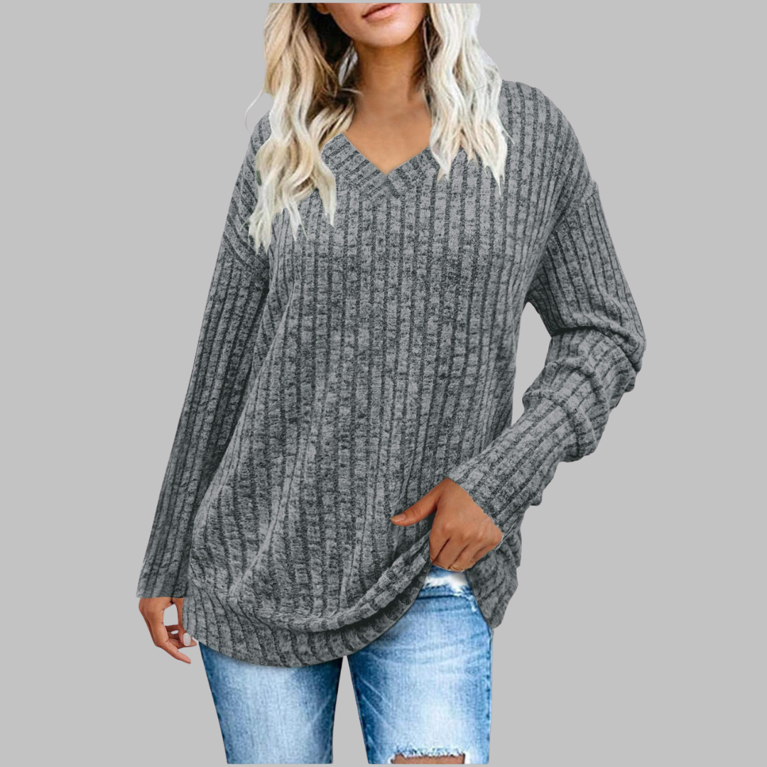 V-Neck Long Sleeve Ribbed Knit Sweater