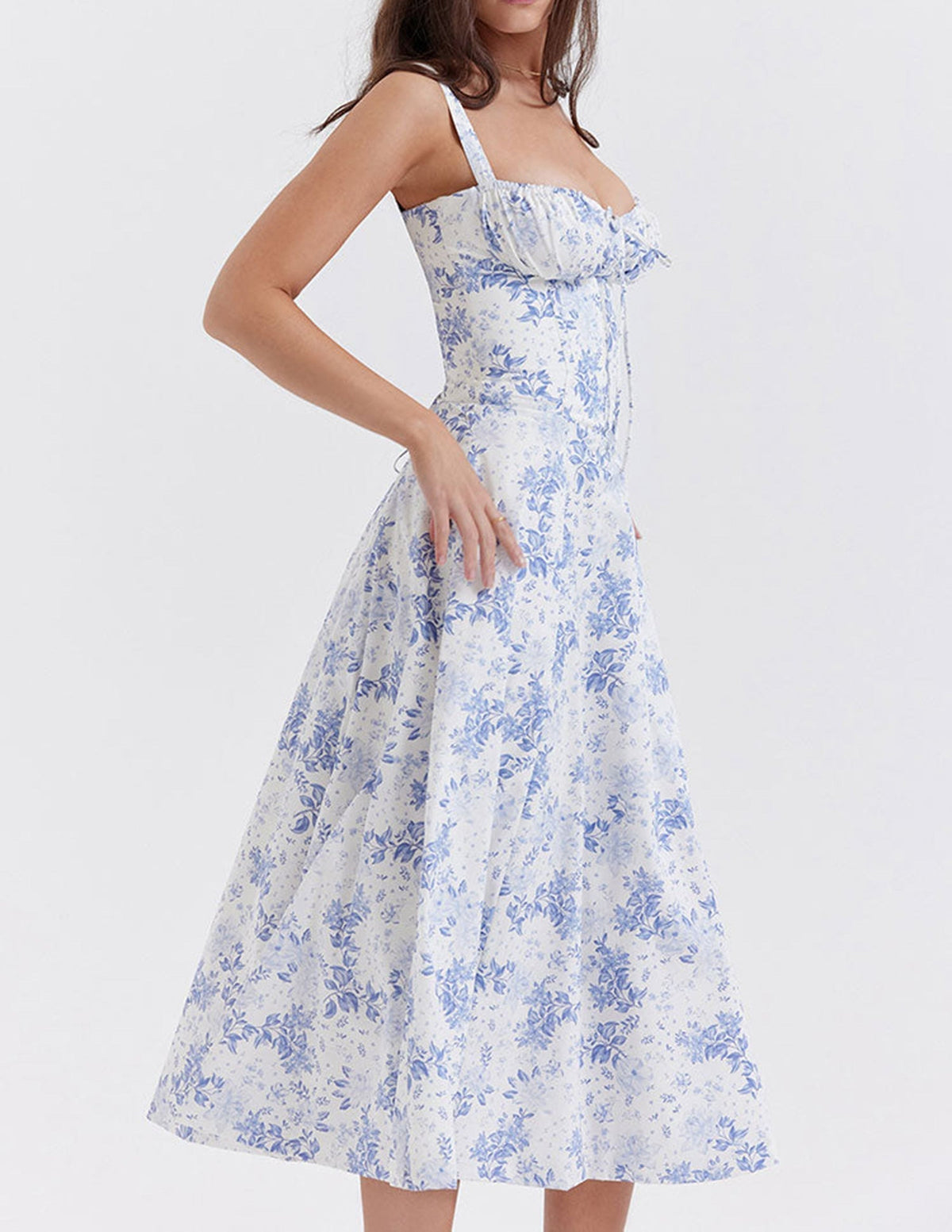 Floral Print Sweetheart Neck Corset High Split Midi Dress