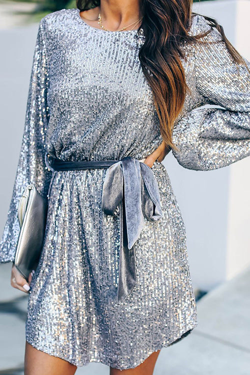 Sequin Bishop Sleeve Tie Waist Mini Dress