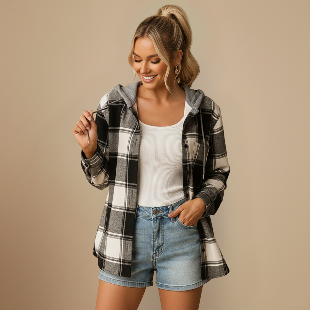Chic Plaid Hooded Jacket – Relaxed Casual Fit