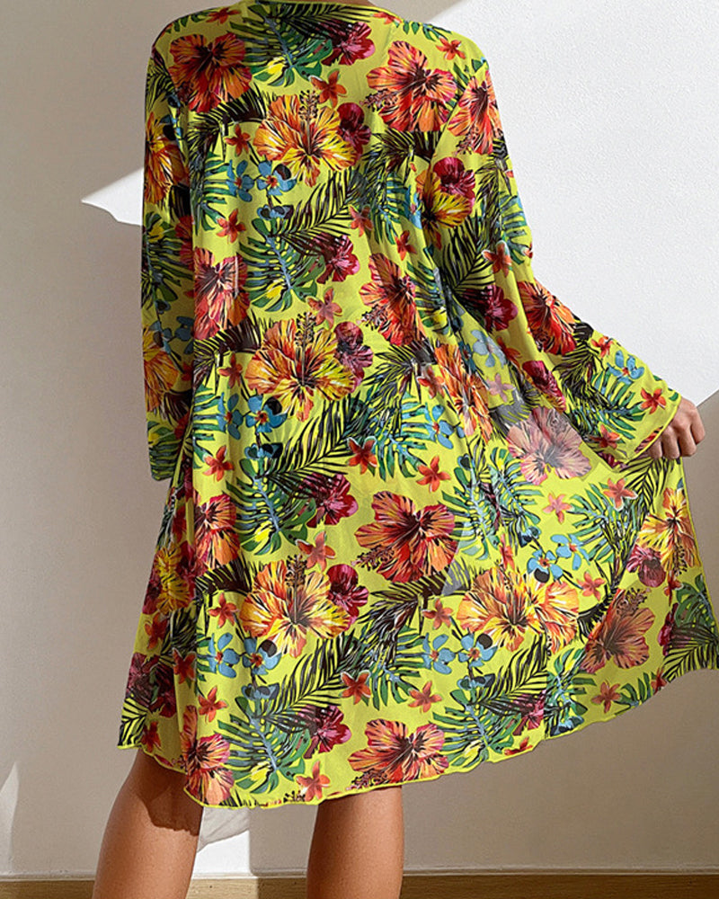 Tropical Floral Tie Front High Waist Bikini Set with Cover Up