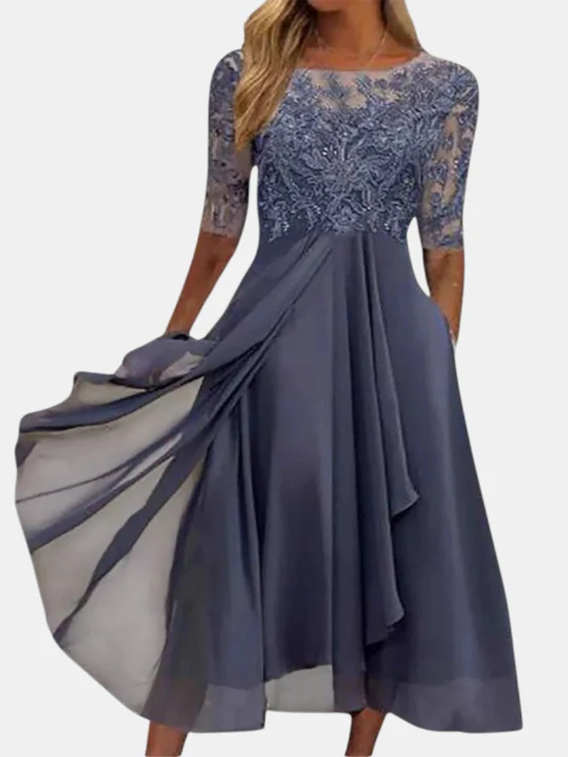 Lace Bodice Boat Neck Half Sleeve Chiffon Midi Dress