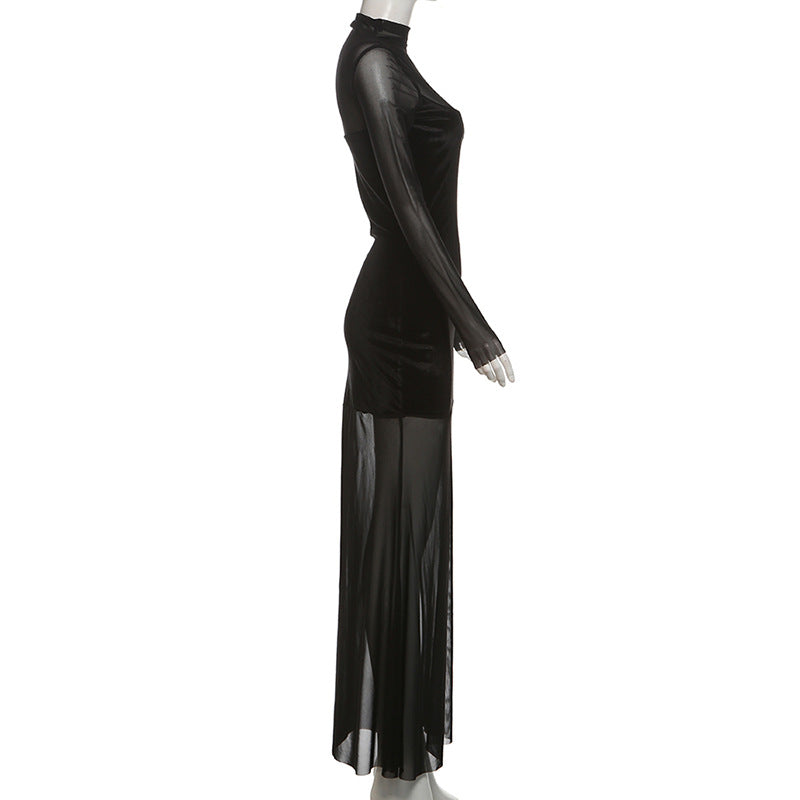 Velvet Crush Mesh Panel Mock Neck Long Sleeve Maxi Gown
