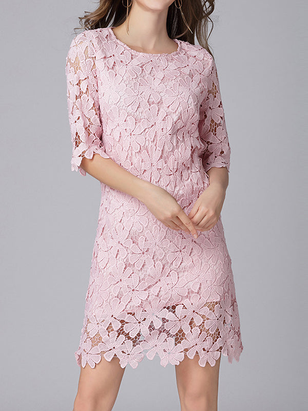 Floral Lace Round Neck Elbow Sleeve Scalloped Hem Shift Mini Dress