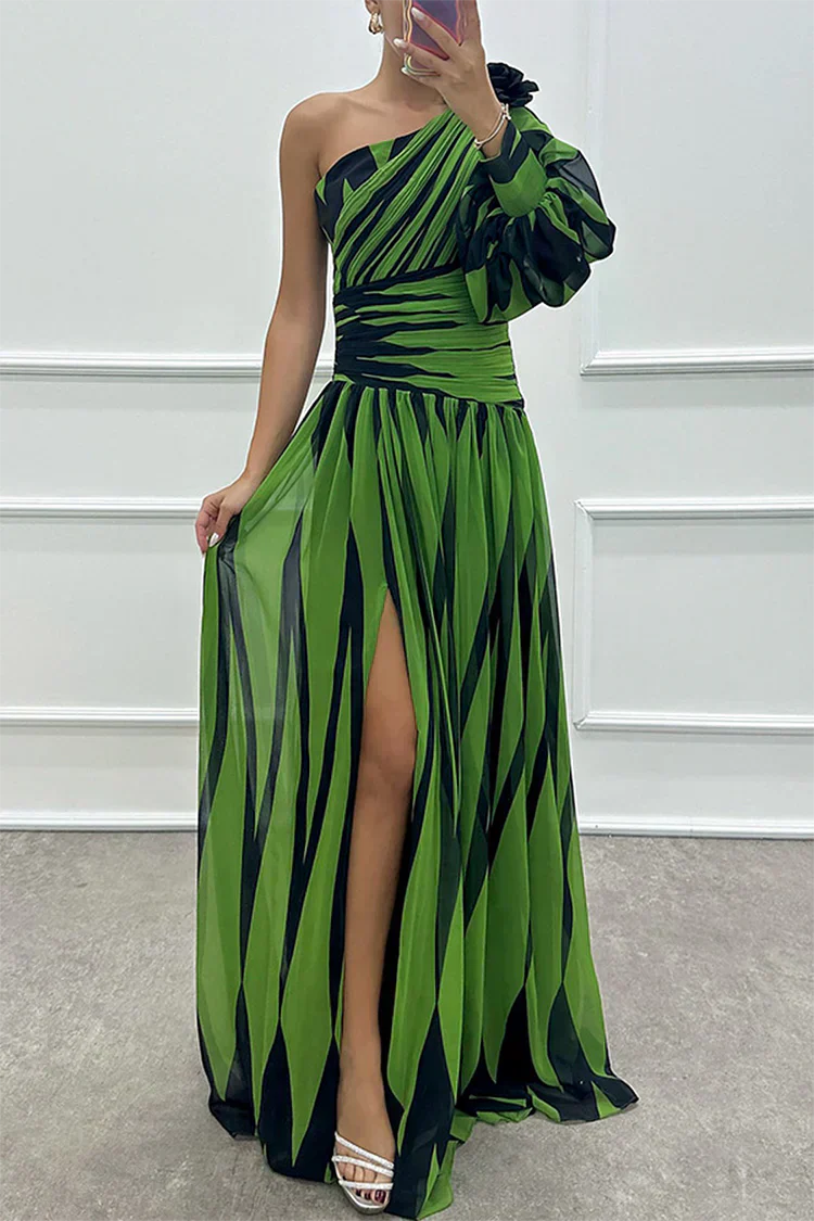 Indigo | Elegant Striped One Shoulder Maxi Dress Green