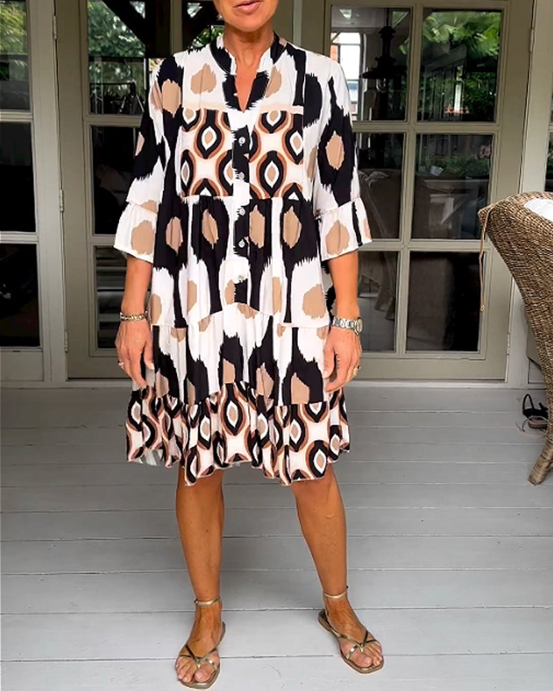 Abstract Print Button Front Flared Sleeve Tiered Midi Dress