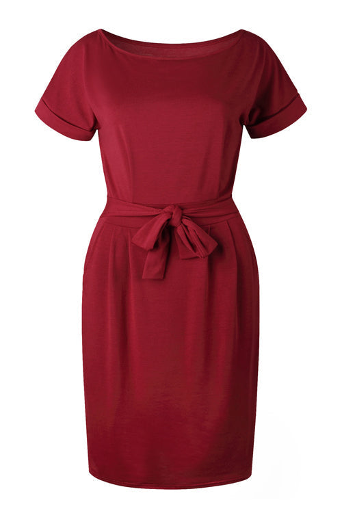 Boat Neck Short Sleeve Belted Tie Waist Patch Pocket Knit Midi Dress