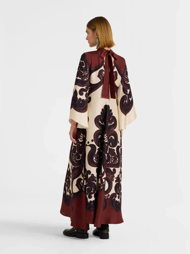 Scroll Print Satin Tie Neck Bell Sleeve A-Line Maxi Dress