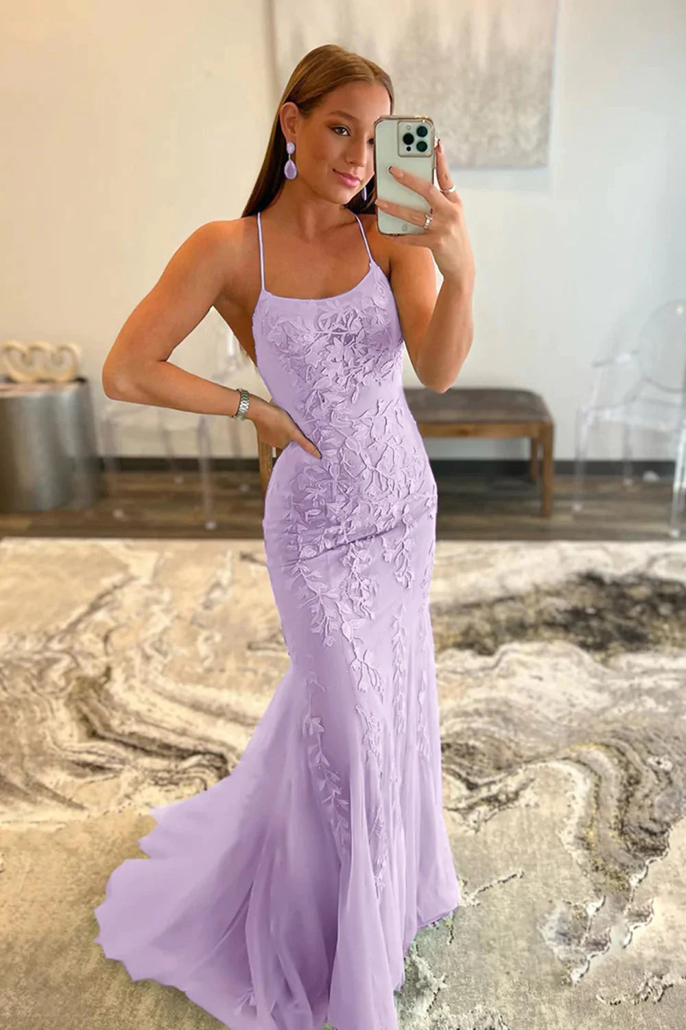 Mermaid Spaghetti Straps Hot Pink Long Prom Dress with Appliques