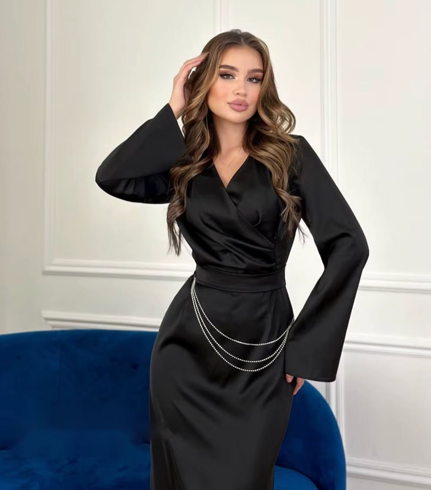 Wrap V-Neck Bell Sleeve Rhinestone Chain Midi Dress