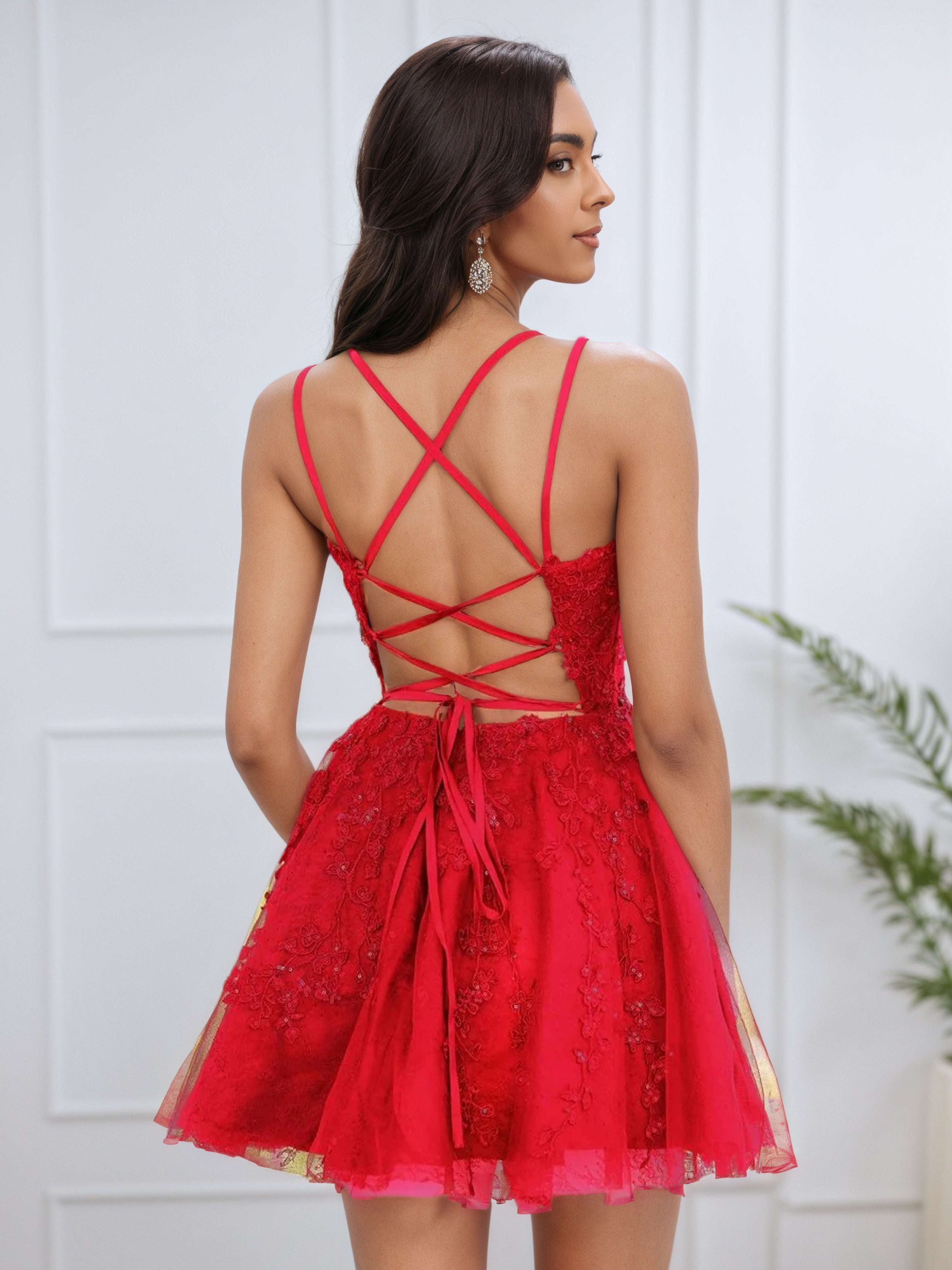 A Line Spaghetti Straps Red Short Homecoming Dress with Appliques