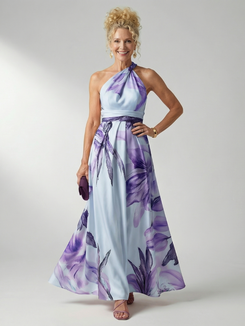Floral Halter Neck One Shoulder Satin Maxi Dress
