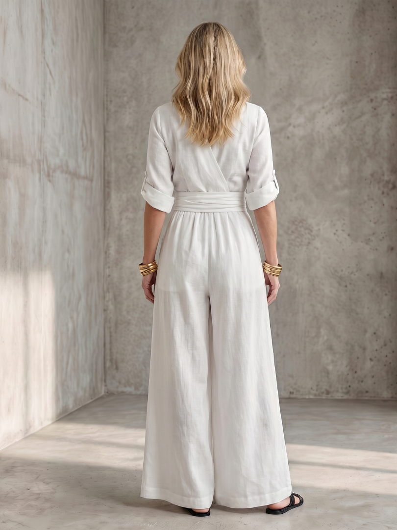 V-Neck Wrap Front Half Sleeve Wide Leg Jumpsuit