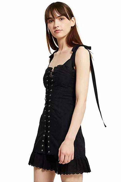 Tie Shoulder Eyelet Lace Up Corset Ruffle Hem Bodycon Mini Dress
