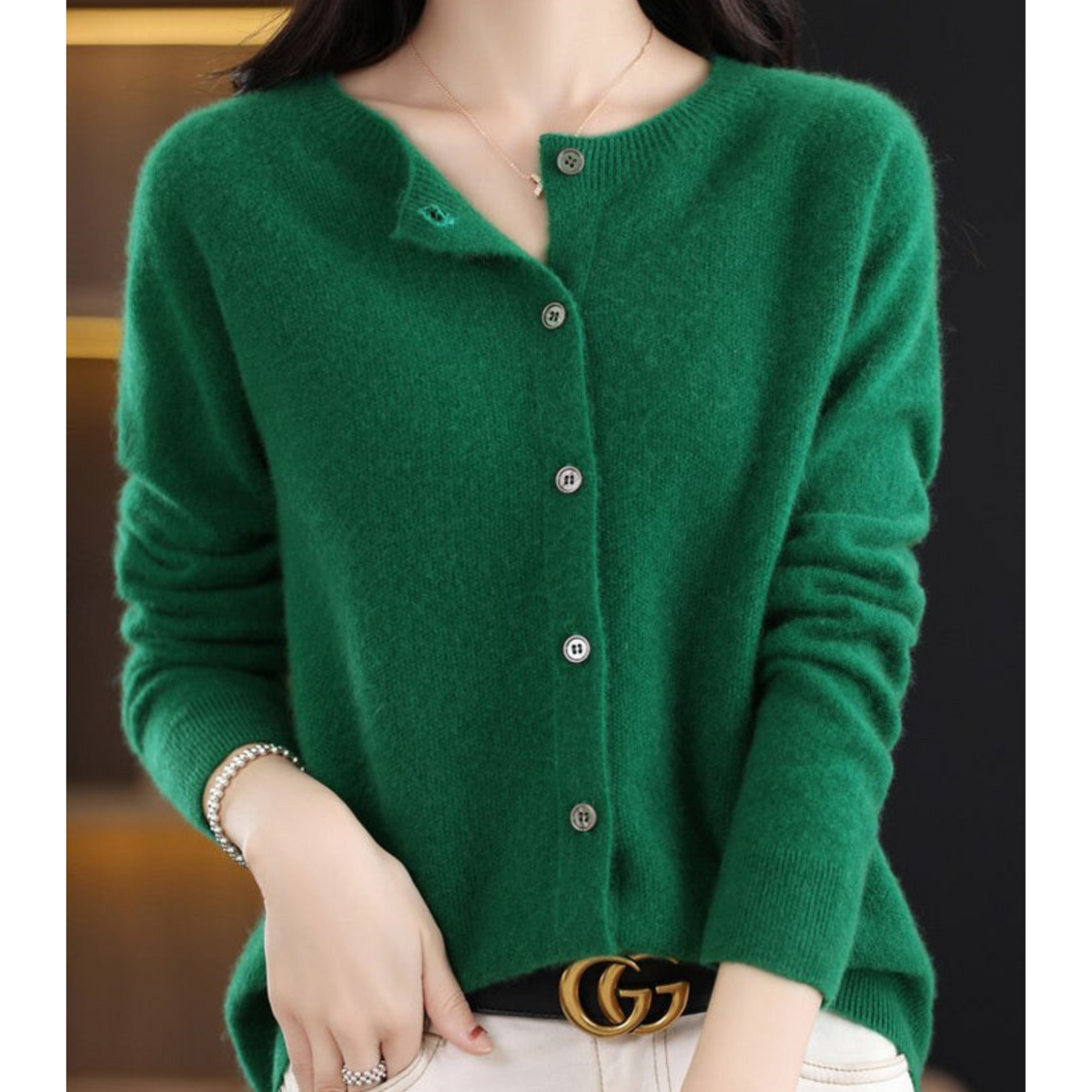 Round Neck Button Front Long Sleeve Knit Cardigan