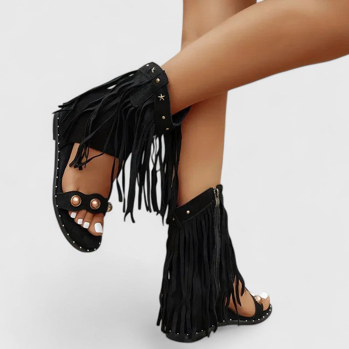 Fringe Open Toe Side Zip Wedge Sandals