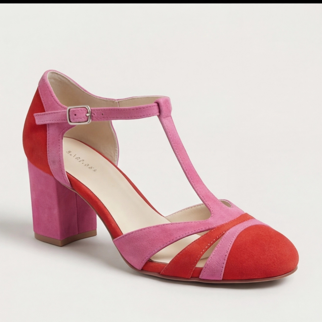 T Strap Cut Out Suede Block Heel Mary Jane Pumps