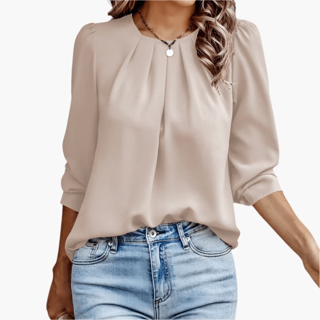 Pleated Round Neck 3/4 Sleeve Blouse