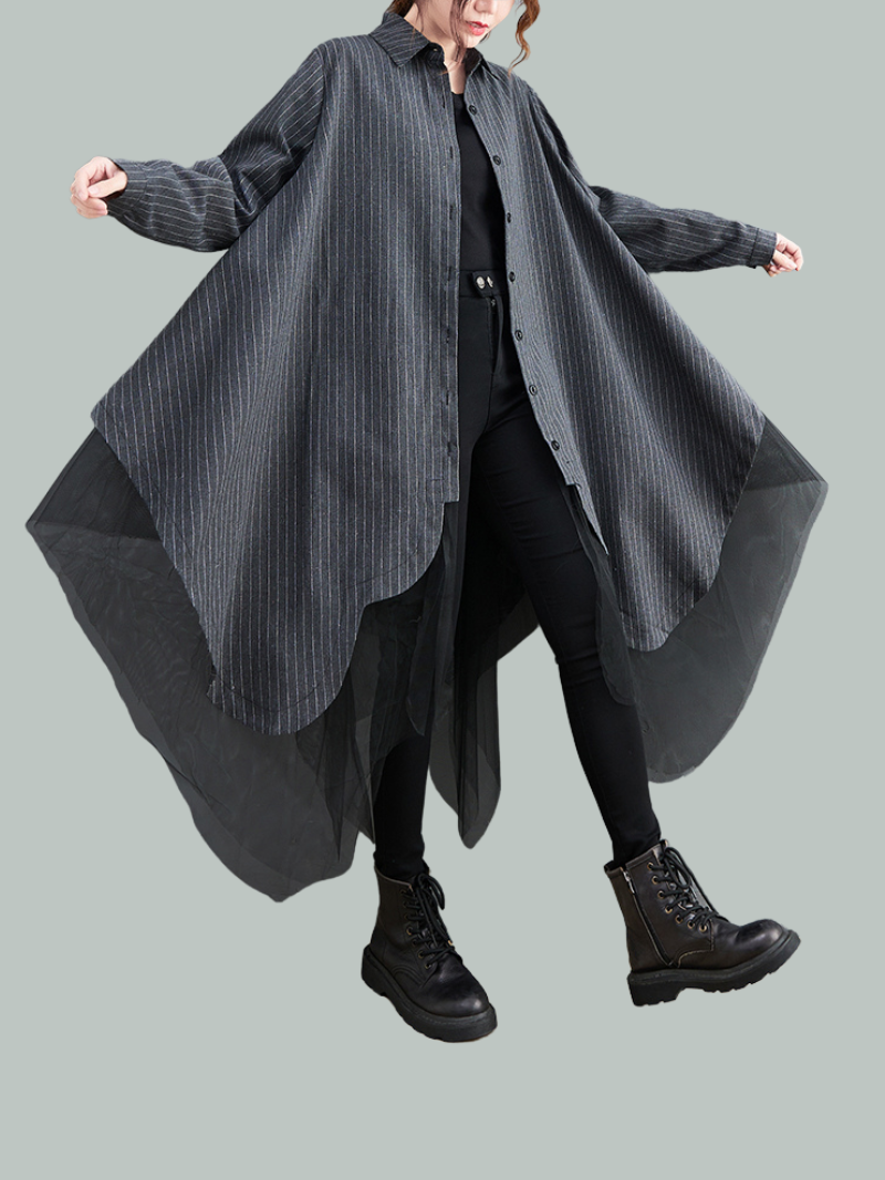 Pinstripe Long Sleeve Button Down Mesh Layer Handkerchief Hem Shirt Dress