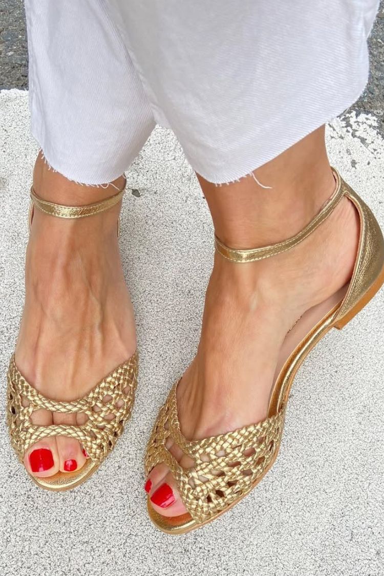 Woven Peep Toe Ankle Strap Flat Sandals