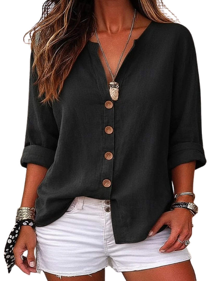 V-Neck Roll Sleeve Button Front Linen Look Shirt