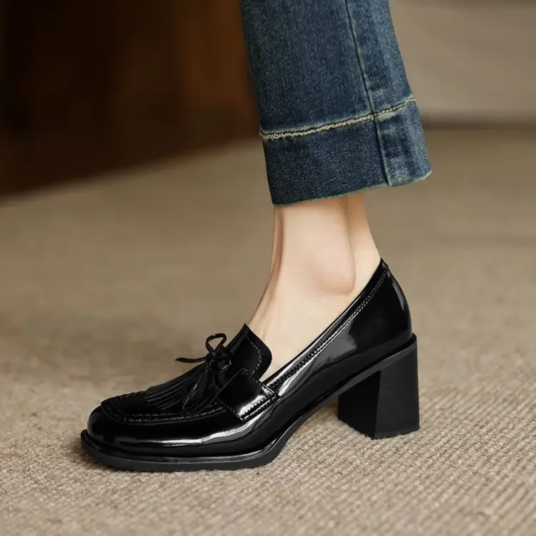 Square Toe Tassel Block Heel Loafer Pumps