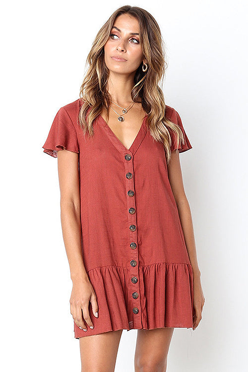 Button-up V-neck Ruffle Mini Dress - 4 Colors Red