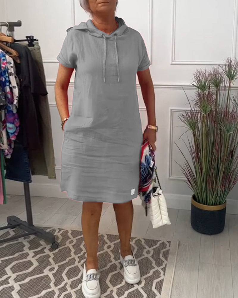 Hooded Drawstring Short Sleeve Knee Length Shift Dress