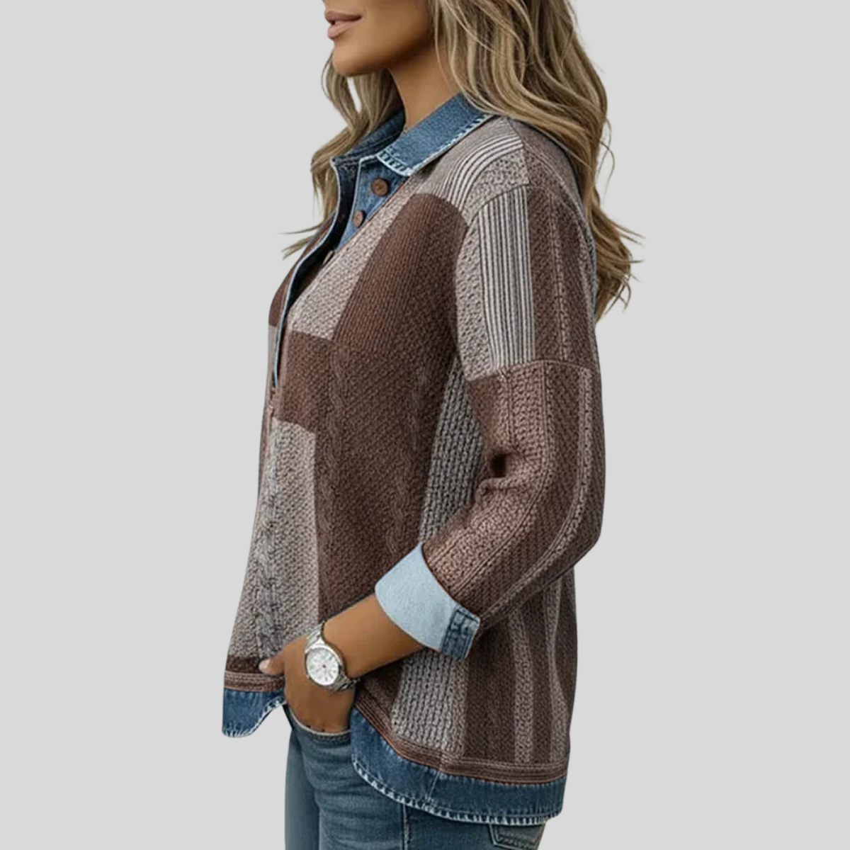 Patchwork Plaid Collared Quarter Button Long Sleeve Knit Pullover